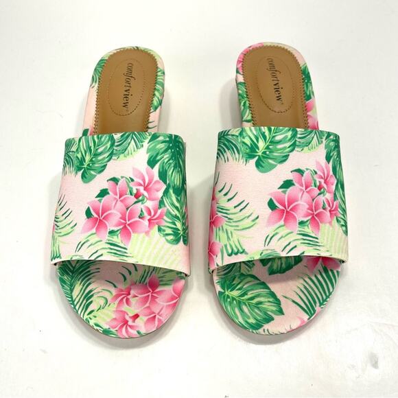 Comfortview Capri Wedge Slide Sandal Sz 8 WW Green & Pink Floral Espadrille New - Picture 14 of 16